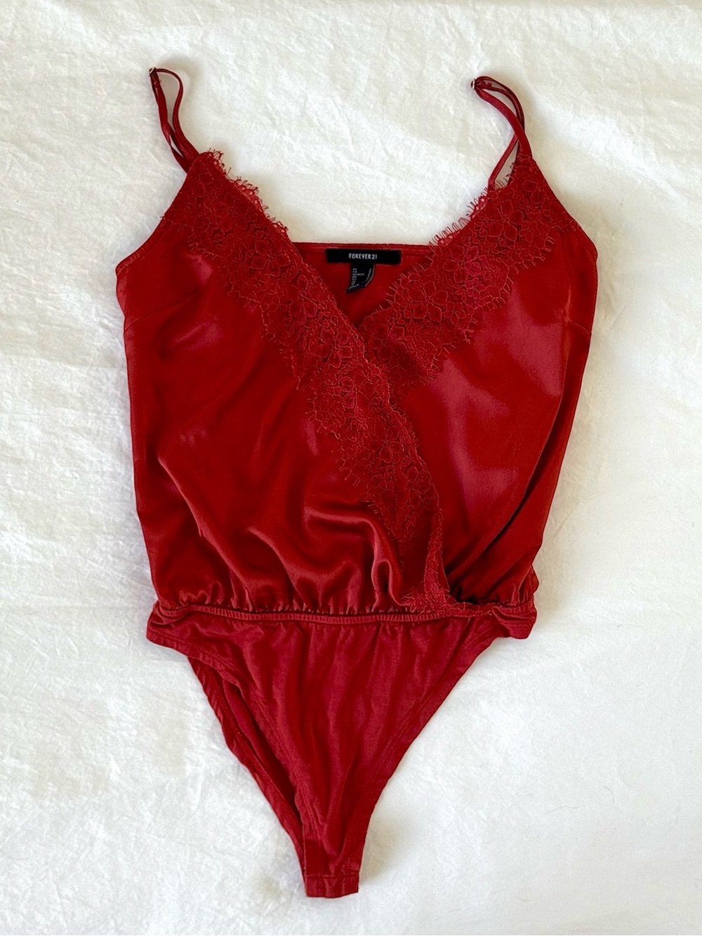 forever 21 red satin lace trim bodysuit
